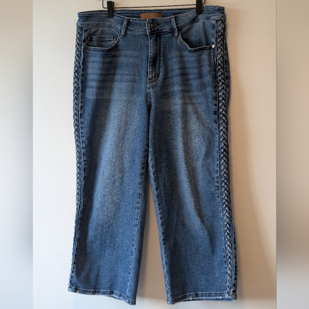 Judy Blue Braid Detail Crop Wide Leg Jeans